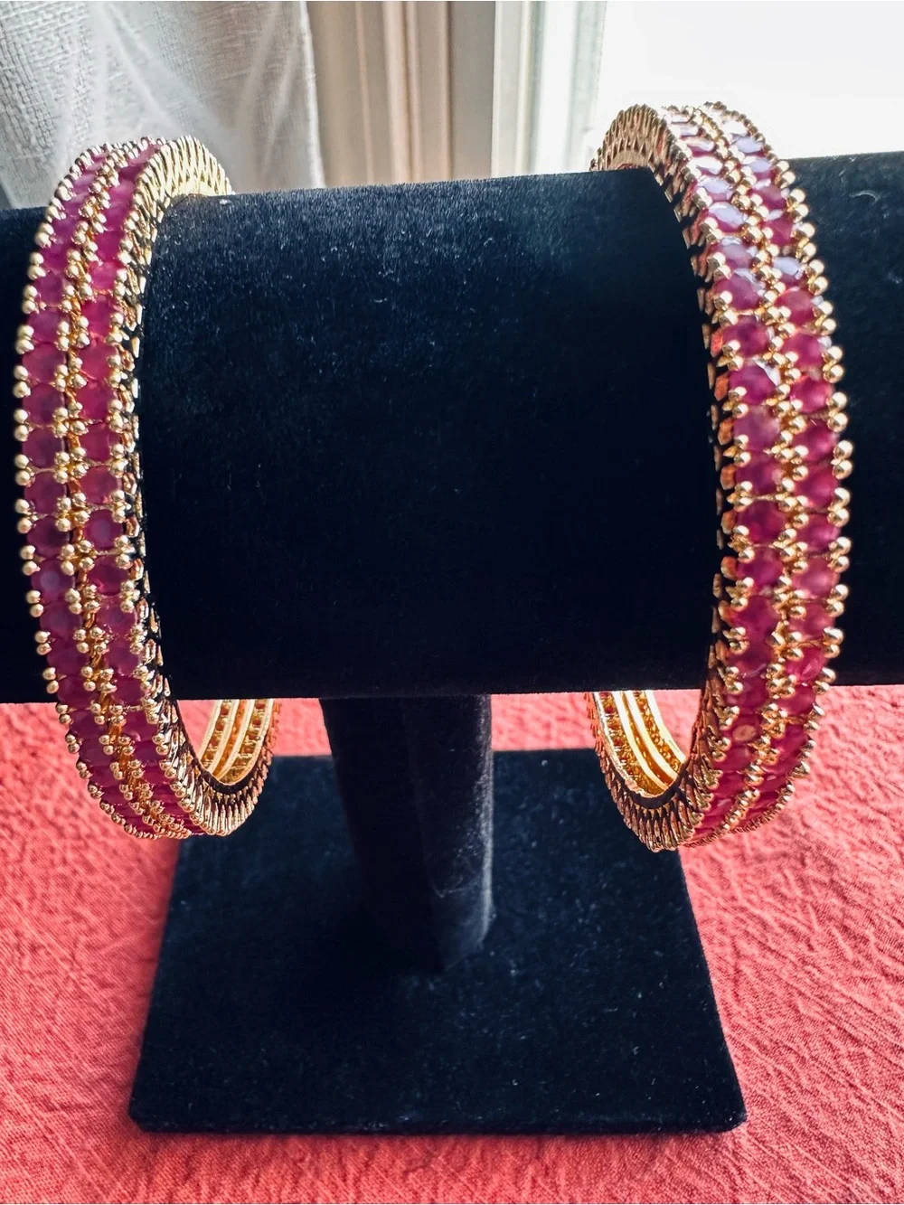 Gold-Tone Pink Stone Bangle Bracelets - Women Jewelry 2.8 size